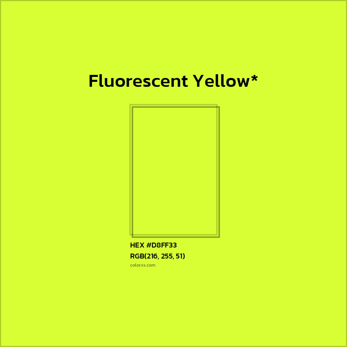 #D8FF33 hex color. RGB, RYB, CMYK, HSL, HSV codes and color conversions. Matching color names, palettes, paints.