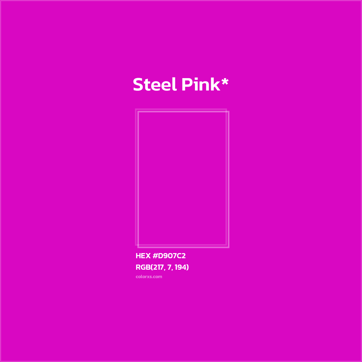 #D907C2 hex color. RGB, RYB, CMYK, HSL, HSV codes and color conversions. Matching color names, palettes, paints.
