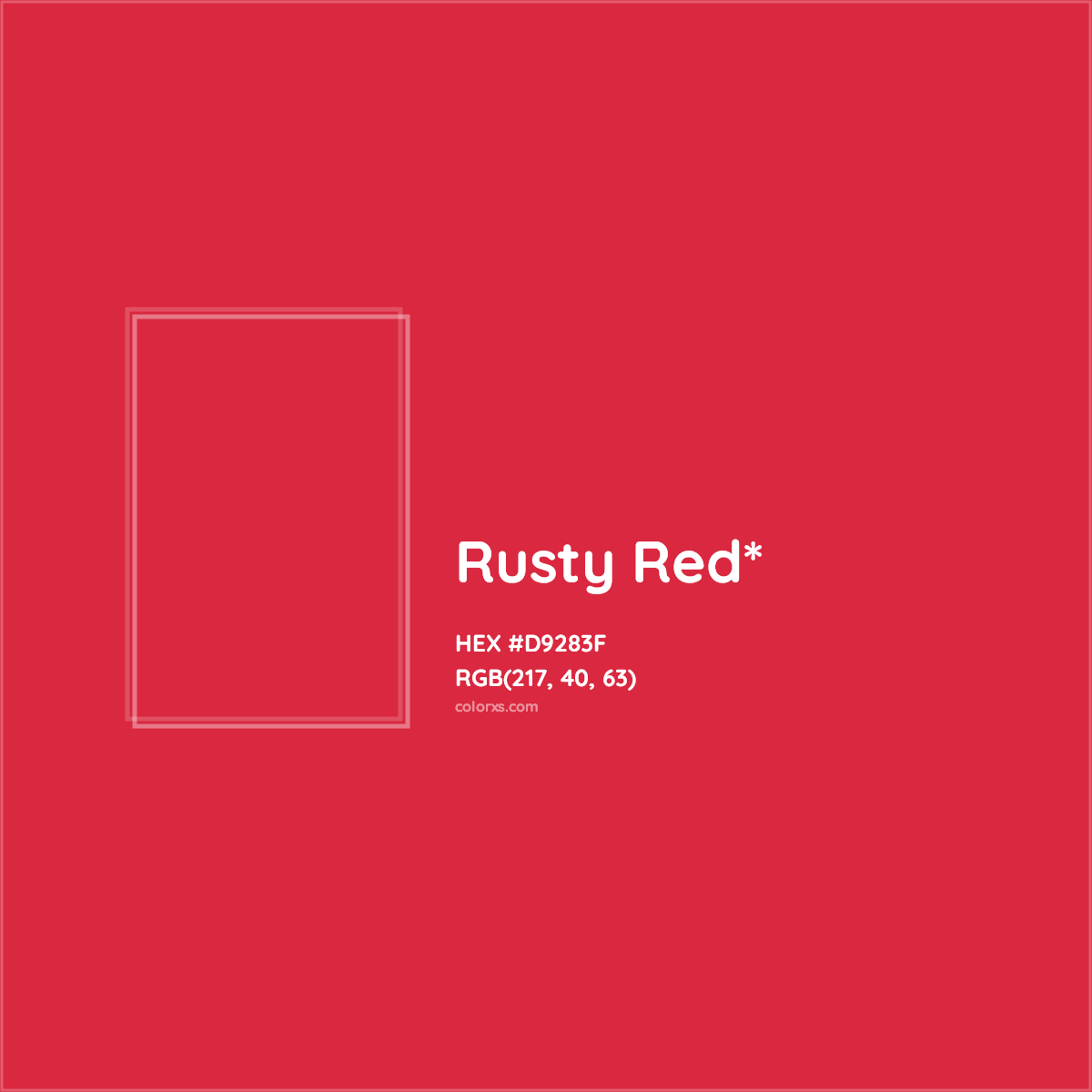 #D9283F hex color. RGB, RYB, CMYK, HSL, HSV codes and color conversions. Matching color names, palettes, paints.