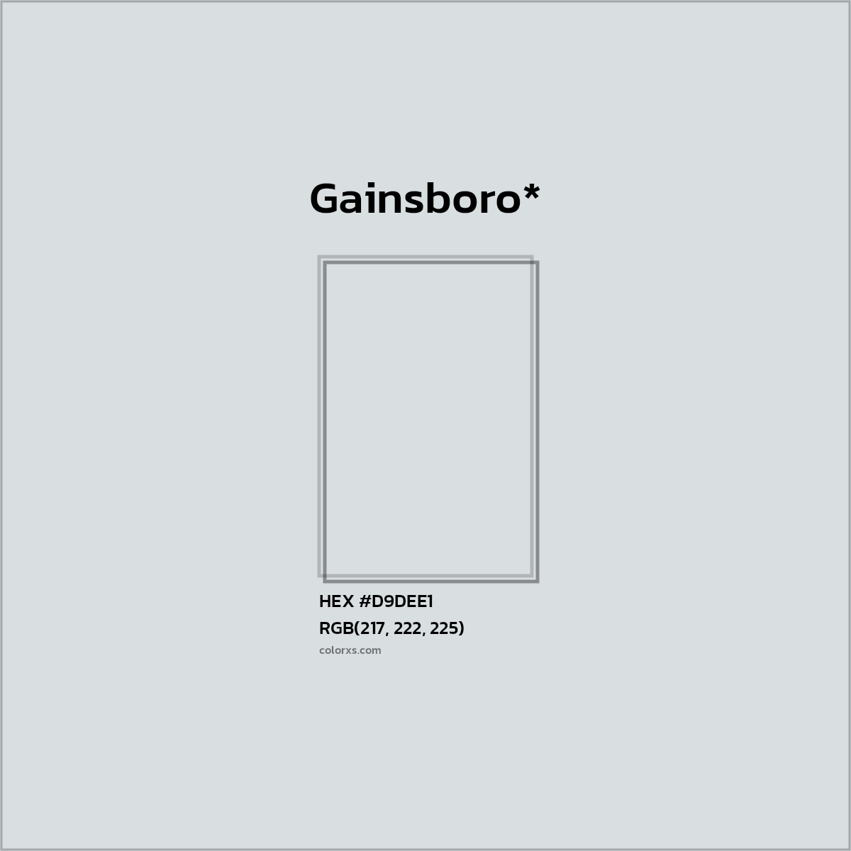 #D9DEE1 hex color. RGB, RYB, CMYK, HSL, HSV codes and color conversions. Matching color names, palettes, paints.