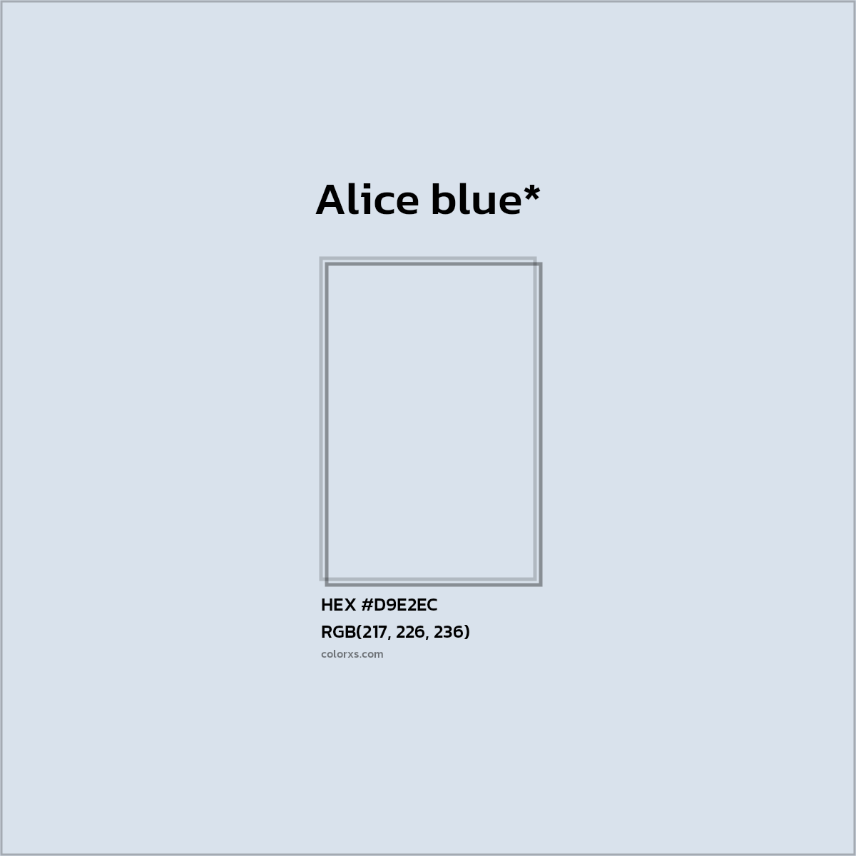 #D9E2EC hex color. RGB, RYB, CMYK, HSL, HSV codes and color conversions. Matching color names, palettes, paints.