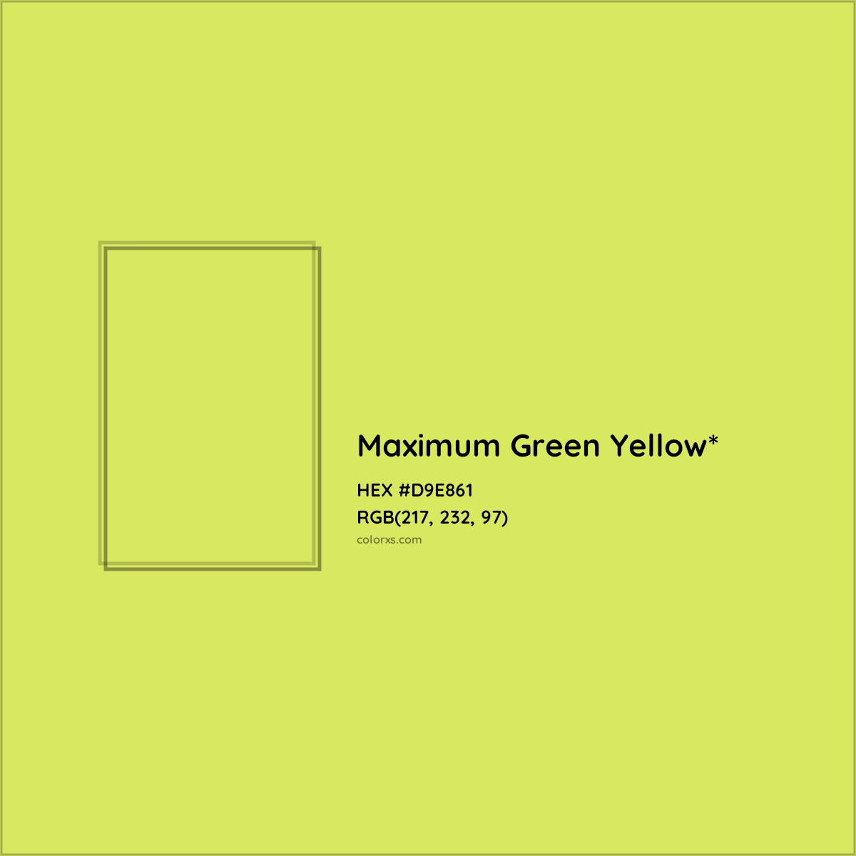 #D9E861 hex color. RGB, RYB, CMYK, HSL, HSV codes and color conversions. Matching color names, palettes, paints.