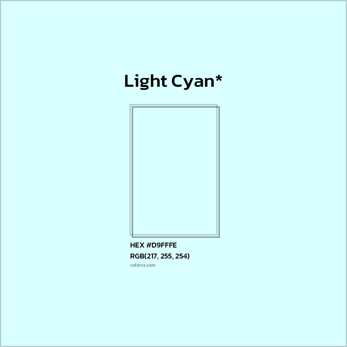 #D9FFFE hex color. RGB, RYB, CMYK, HSL, HSV codes and color conversions. Matching color names, palettes, paints.