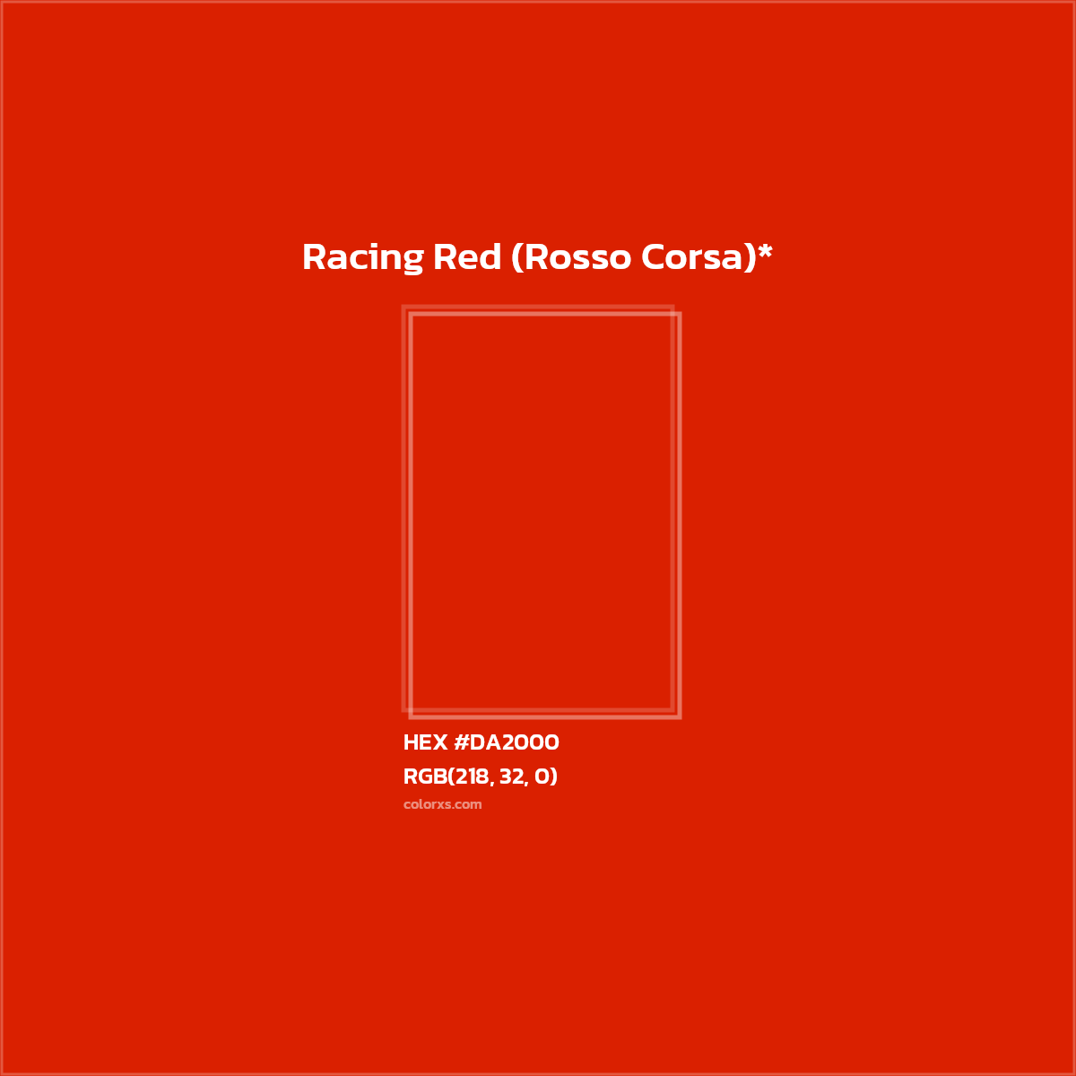 #DA2000 hex color. RGB, RYB, CMYK, HSL, HSV codes and color conversions. Matching color names, palettes, paints.