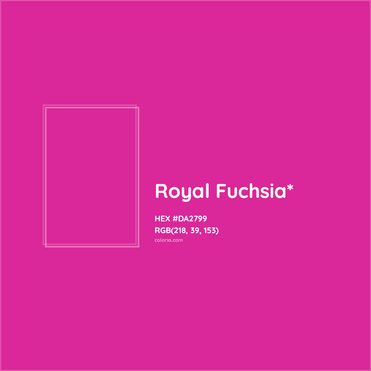 #DA2799 hex color. RGB, RYB, CMYK, HSL, HSV codes and color conversions. Matching color names, palettes, paints.