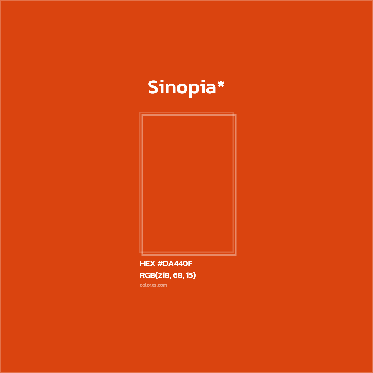 #DA440F hex color. RGB, RYB, CMYK, HSL, HSV codes and color conversions. Matching color names, palettes, paints.