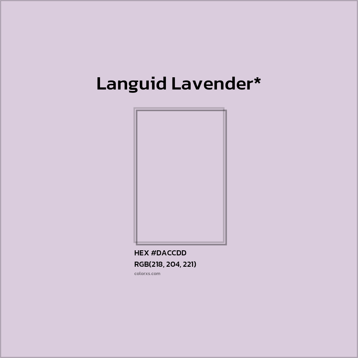 #DACCDD hex color. RGB, RYB, CMYK, HSL, HSV codes and color conversions. Matching color names, palettes, paints.