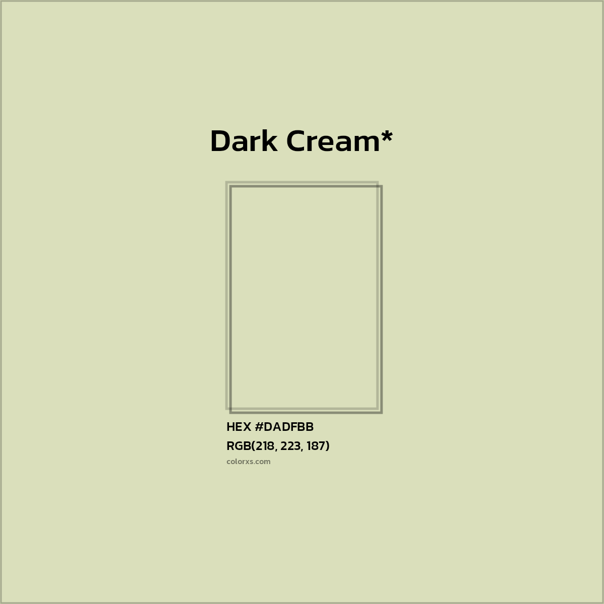 #DADFBB hex color. RGB, RYB, CMYK, HSL, HSV codes and color conversions. Matching color names, palettes, paints.