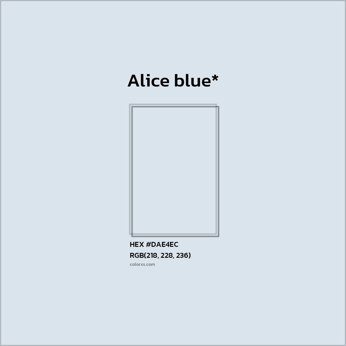 #DAE4EC hex color. RGB, RYB, CMYK, HSL, HSV codes and color conversions. Matching color names, palettes, paints.
