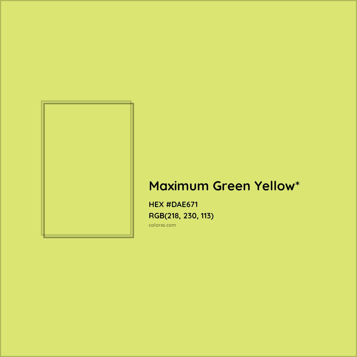 #DAE671 hex color. RGB, RYB, CMYK, HSL, HSV codes and color conversions. Matching color names, palettes, paints.