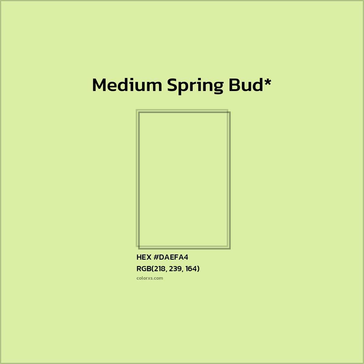 #DAEFA4 hex color. RGB, RYB, CMYK, HSL, HSV codes and color conversions. Matching color names, palettes, paints.