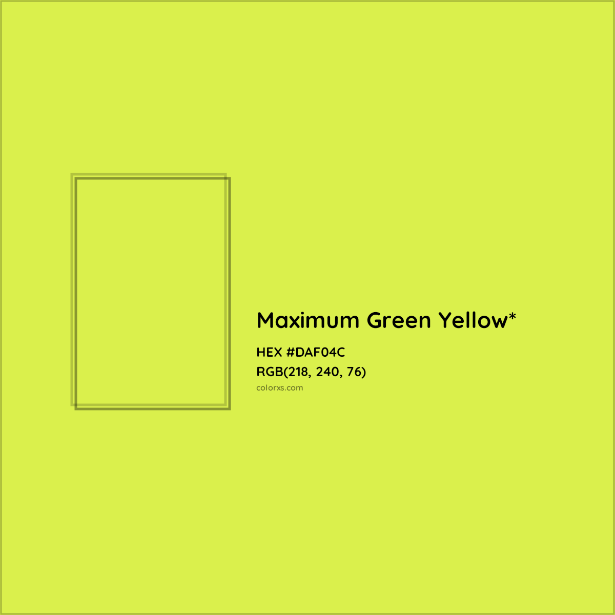 #DAF04C hex color. RGB, RYB, CMYK, HSL, HSV codes and color conversions. Matching color names, palettes, paints.