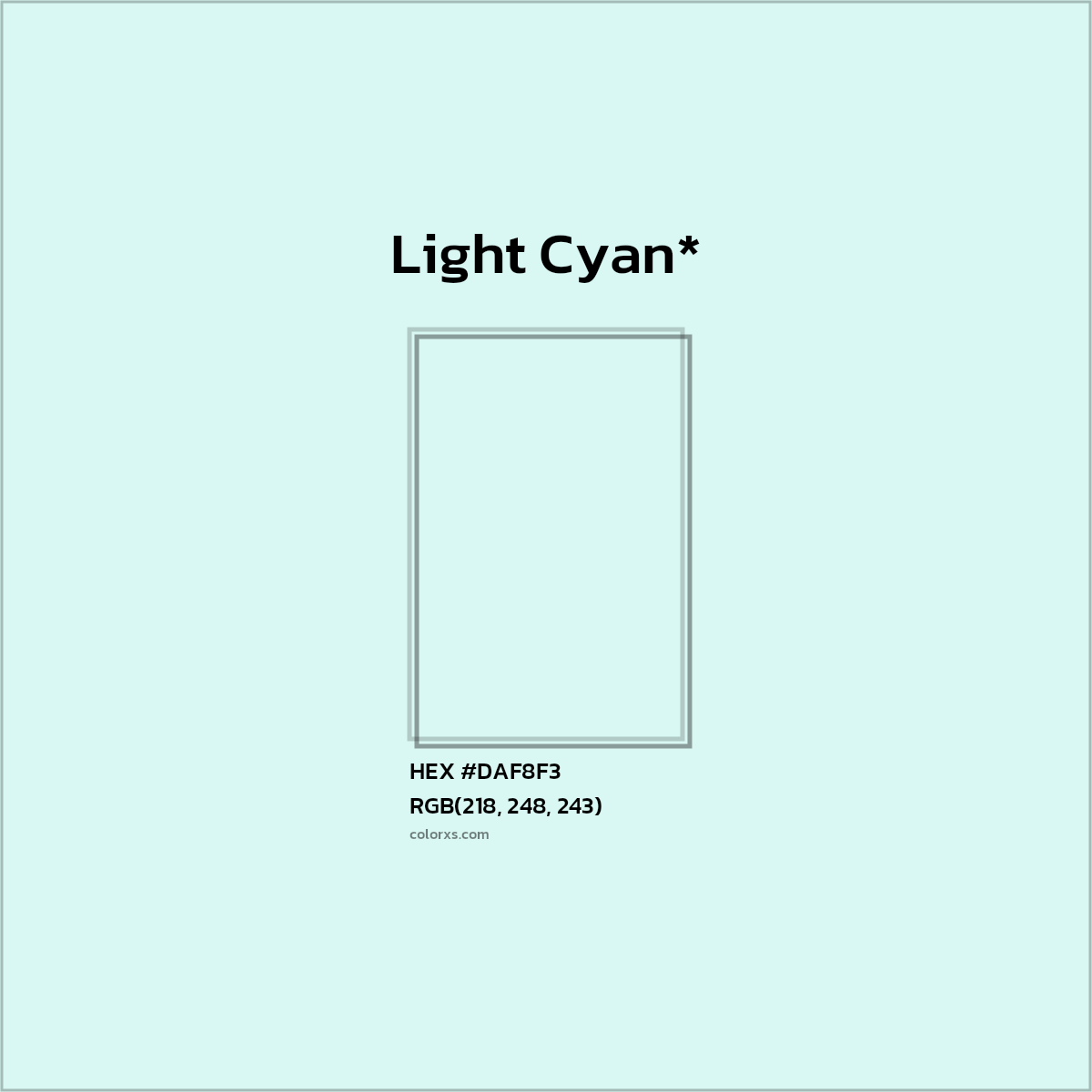 #DAF8F3 hex color. RGB, RYB, CMYK, HSL, HSV codes and color conversions. Matching color names, palettes, paints.