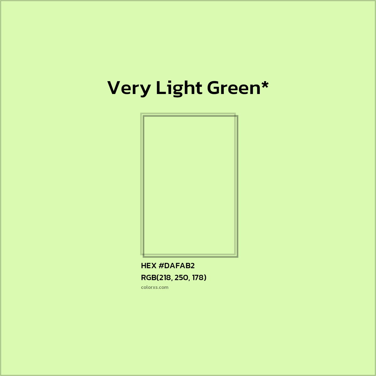 #DAFAB2 hex color. RGB, RYB, CMYK, HSL, HSV codes and color conversions. Matching color names, palettes, paints.