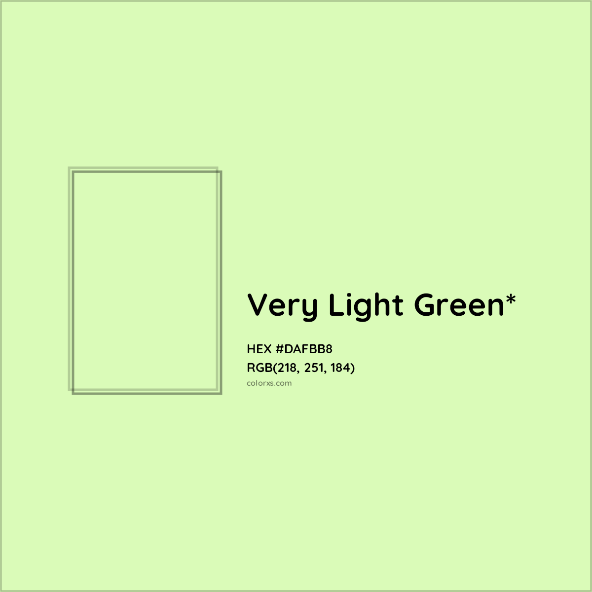 #DAFBB8 hex color. RGB, RYB, CMYK, HSL, HSV codes and color conversions. Matching color names, palettes, paints.