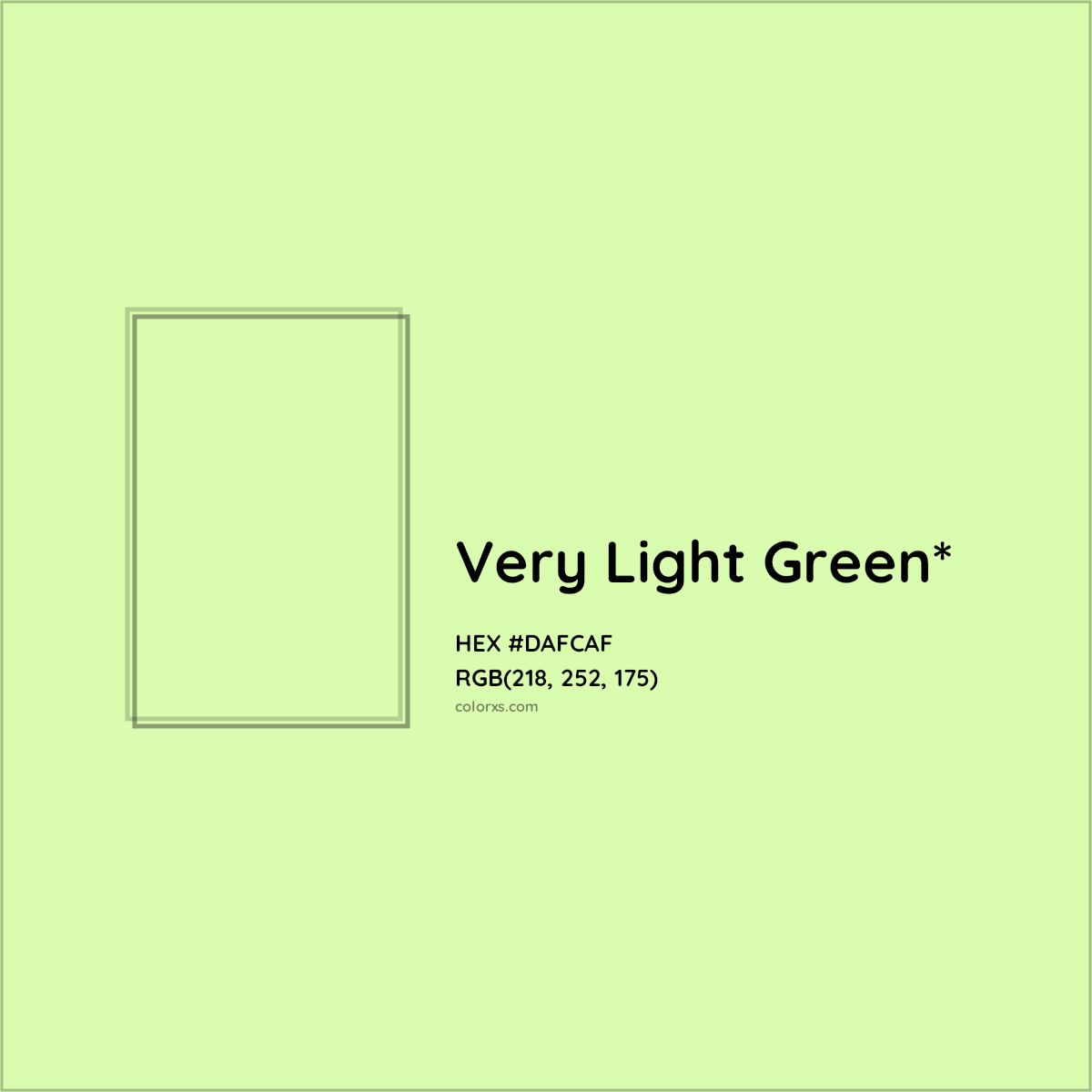 #DAFCAF hex color. RGB, RYB, CMYK, HSL, HSV codes and color conversions. Matching color names, palettes, paints.