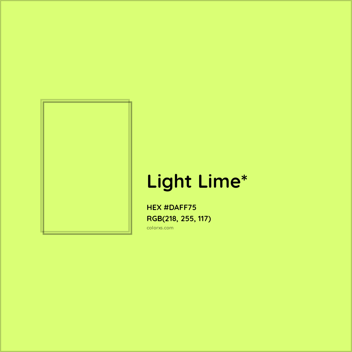 #DAFF75 hex color. RGB, RYB, CMYK, HSL, HSV codes and color conversions. Matching color names, palettes, paints.