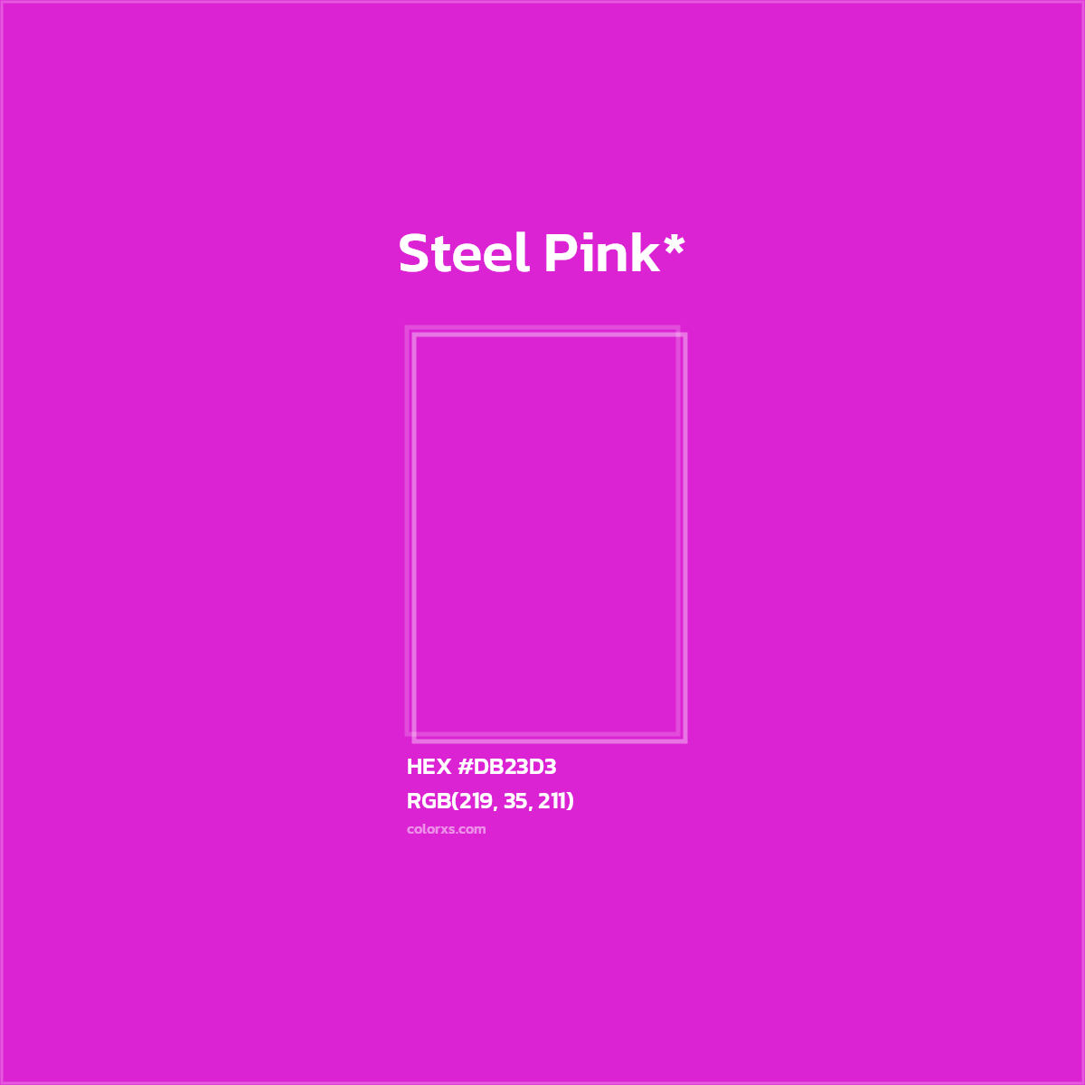 #DB23D3 hex color. RGB, RYB, CMYK, HSL, HSV codes and color conversions. Matching color names, palettes, paints.