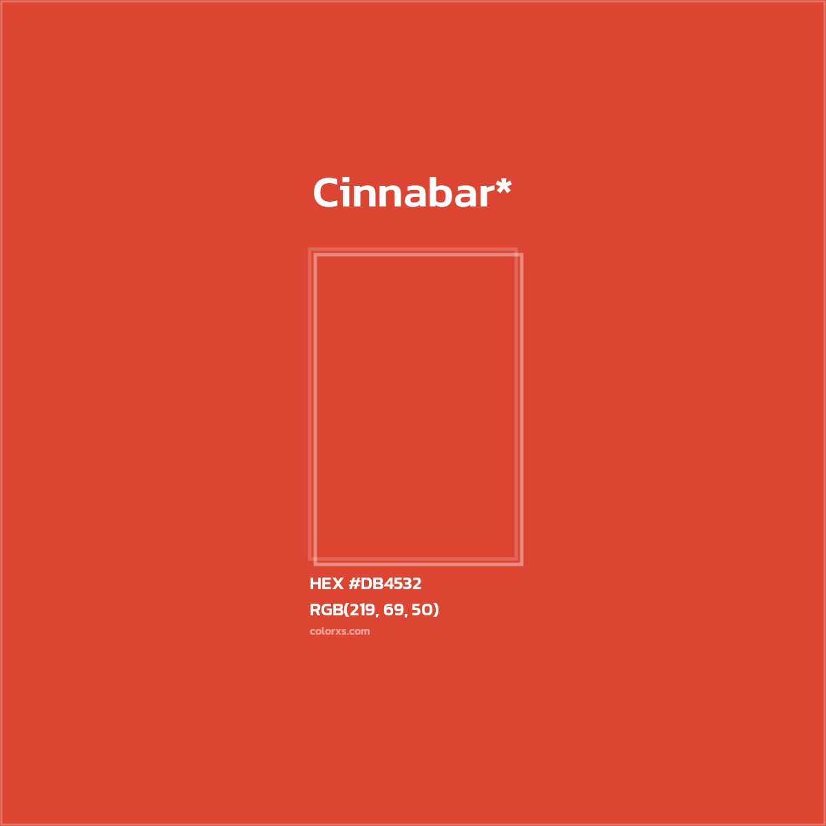 #DB4532 hex color. RGB, RYB, CMYK, HSL, HSV codes and color conversions. Matching color names, palettes, paints.