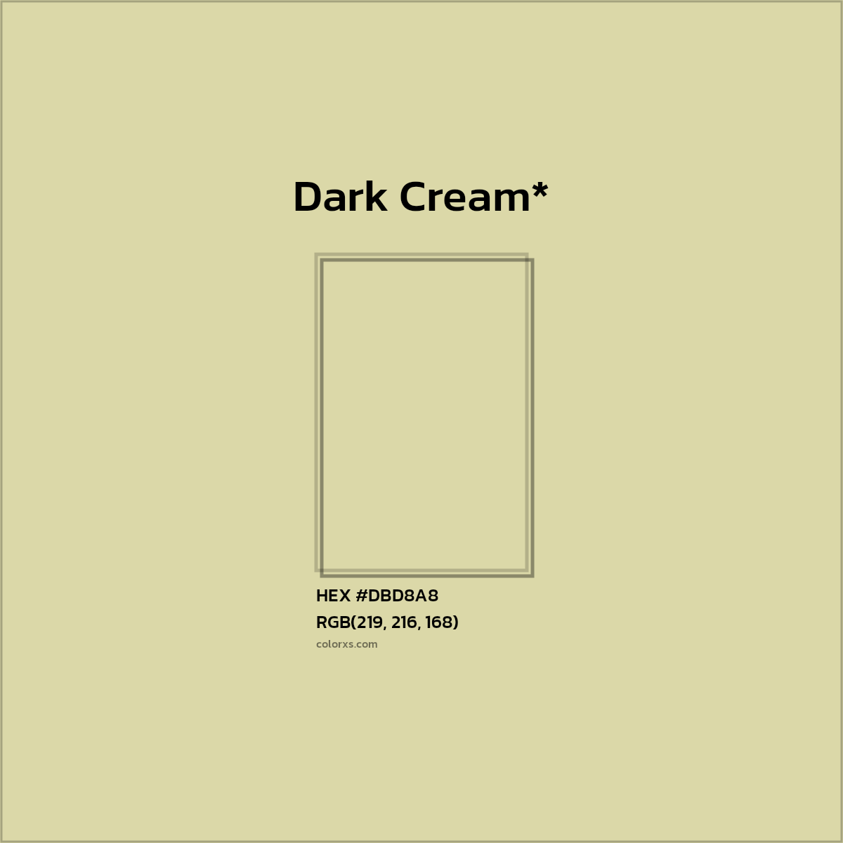 #DBD8A8 hex color. RGB, RYB, CMYK, HSL, HSV codes and color conversions. Matching color names, palettes, paints.