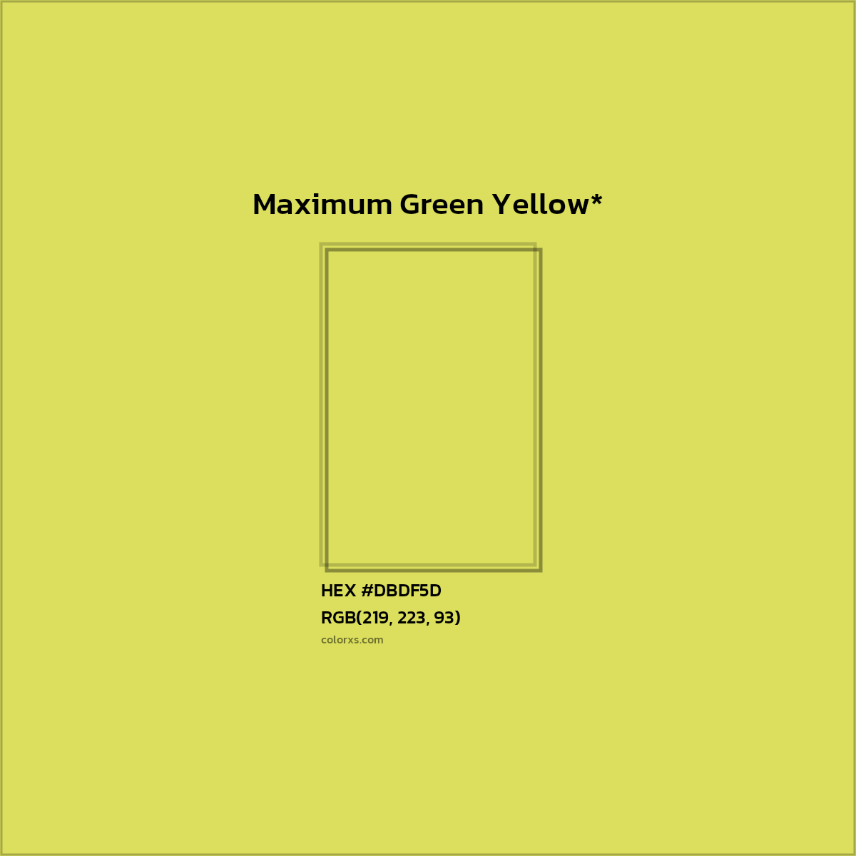 #DBDF5D hex color. RGB, RYB, CMYK, HSL, HSV codes and color conversions. Matching color names, palettes, paints.