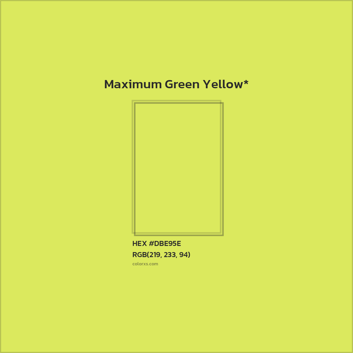#DBE95E hex color. RGB, RYB, CMYK, HSL, HSV codes and color conversions. Matching color names, palettes, paints.