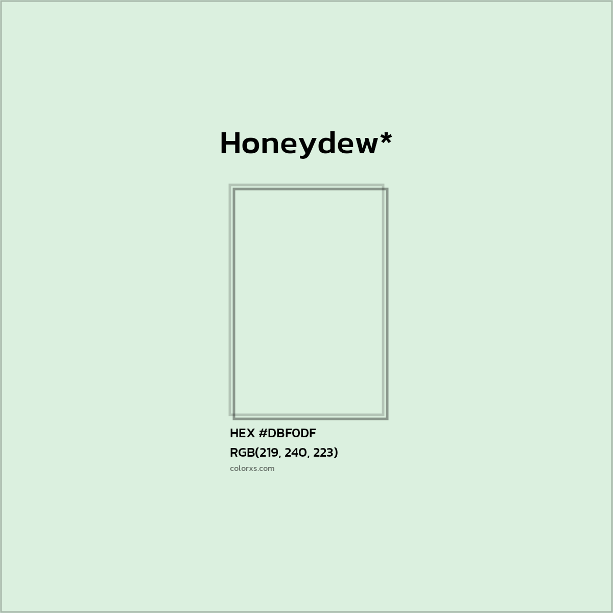 #DBF0DF hex color. RGB, RYB, CMYK, HSL, HSV codes and color conversions. Matching color names, palettes, paints.