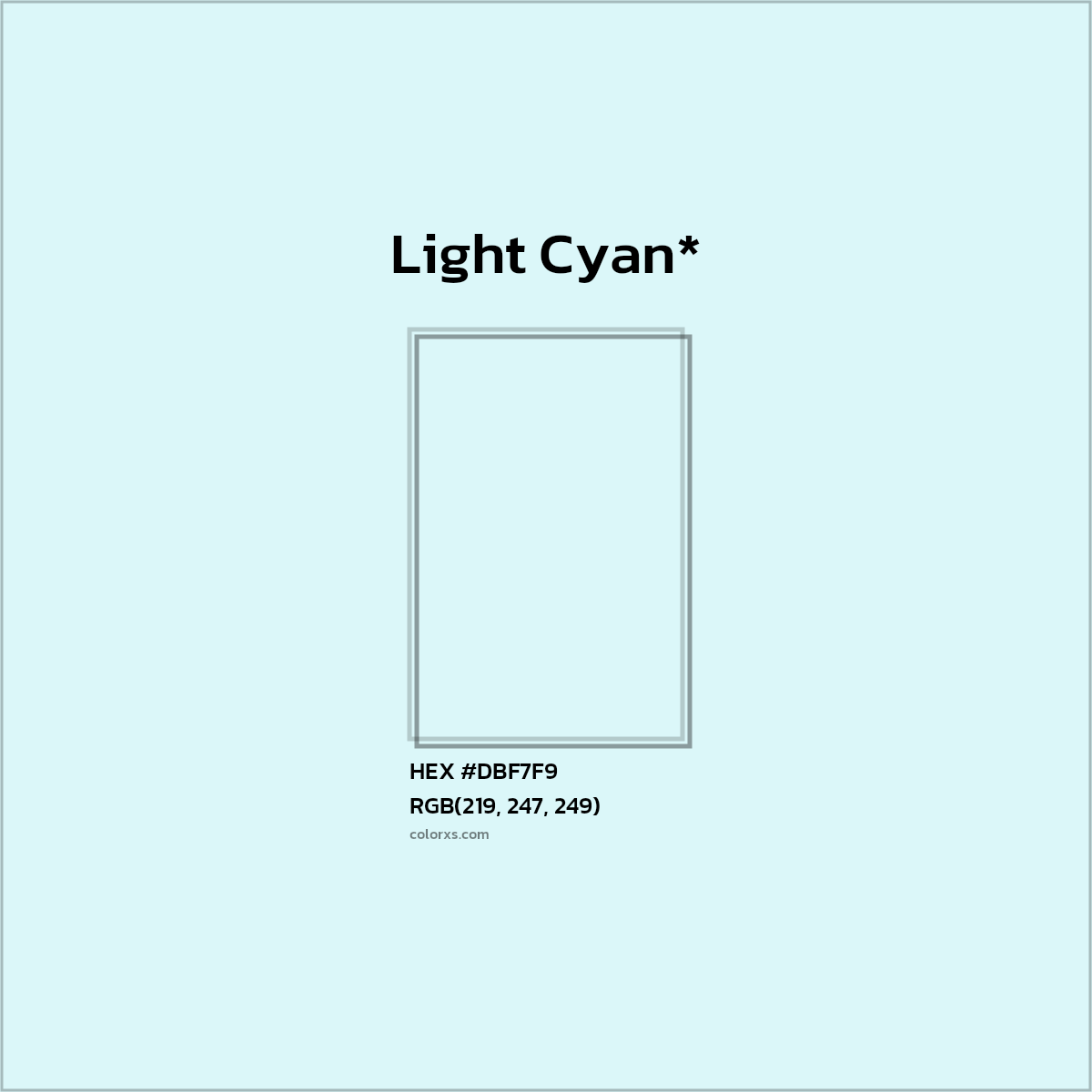 #DBF7F9 hex color. RGB, RYB, CMYK, HSL, HSV codes and color conversions. Matching color names, palettes, paints.