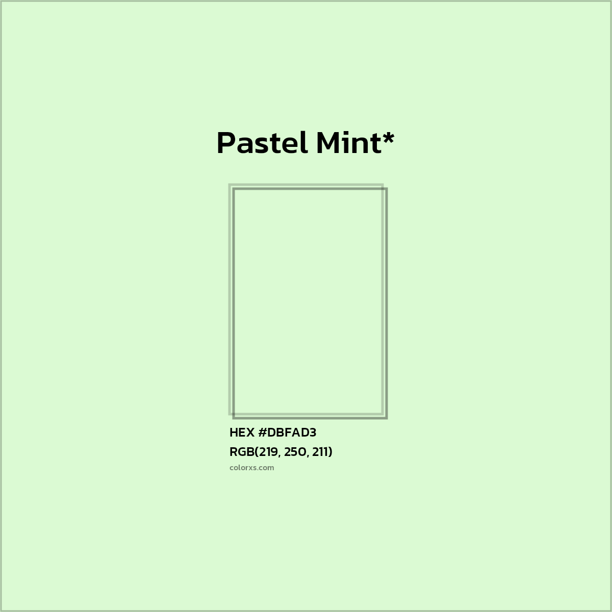 #DBFAD3 hex color. RGB, RYB, CMYK, HSL, HSV codes and color conversions. Matching color names, palettes, paints.