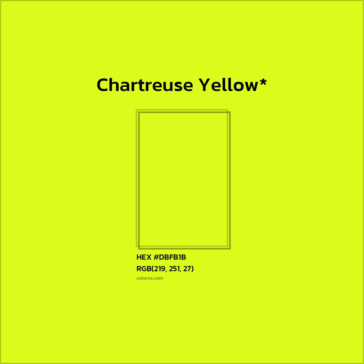 #DBFB1B hex color. RGB, RYB, CMYK, HSL, HSV codes and color conversions. Matching color names, palettes, paints.
