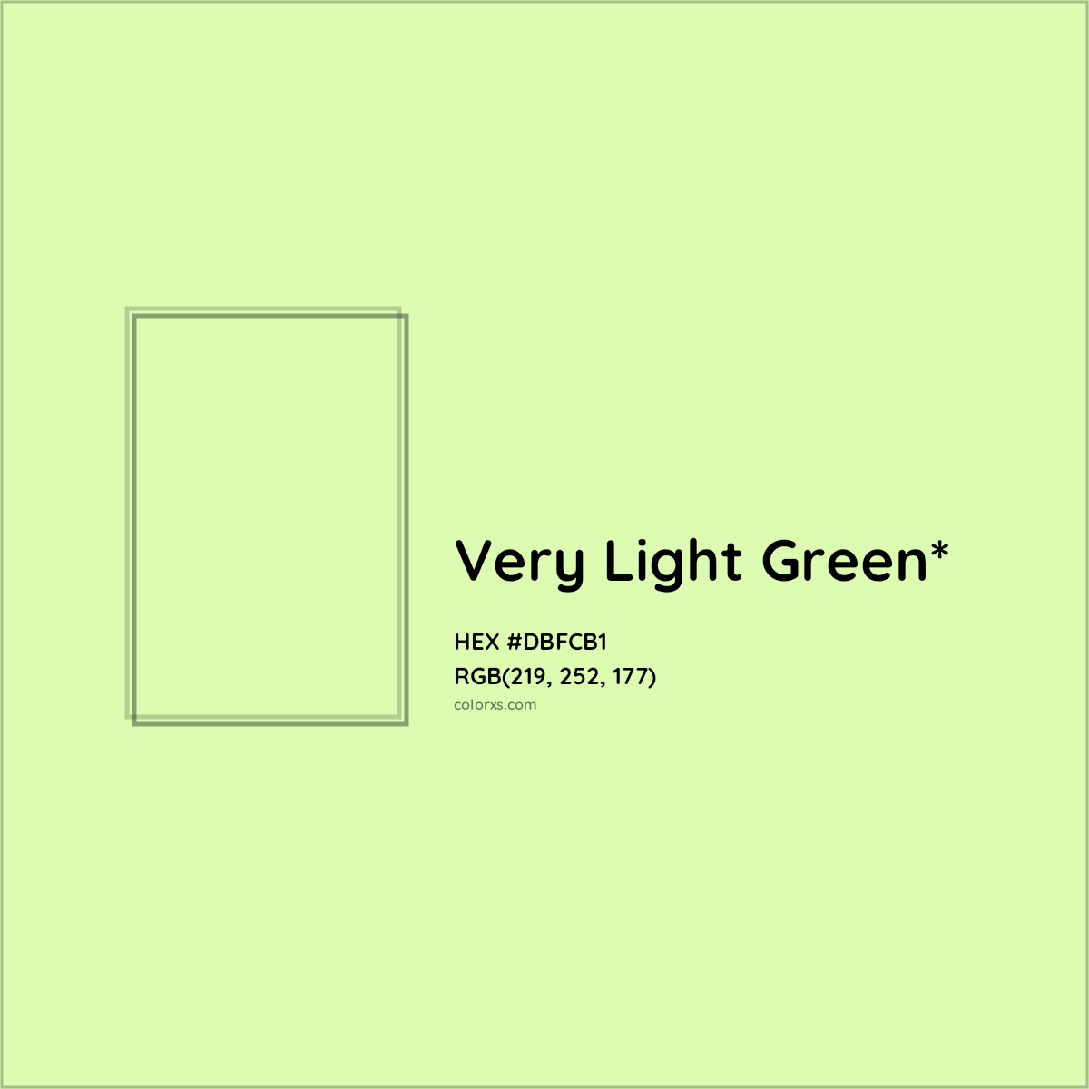 #DBFCB1 hex color. RGB, RYB, CMYK, HSL, HSV codes and color conversions. Matching color names, palettes, paints.