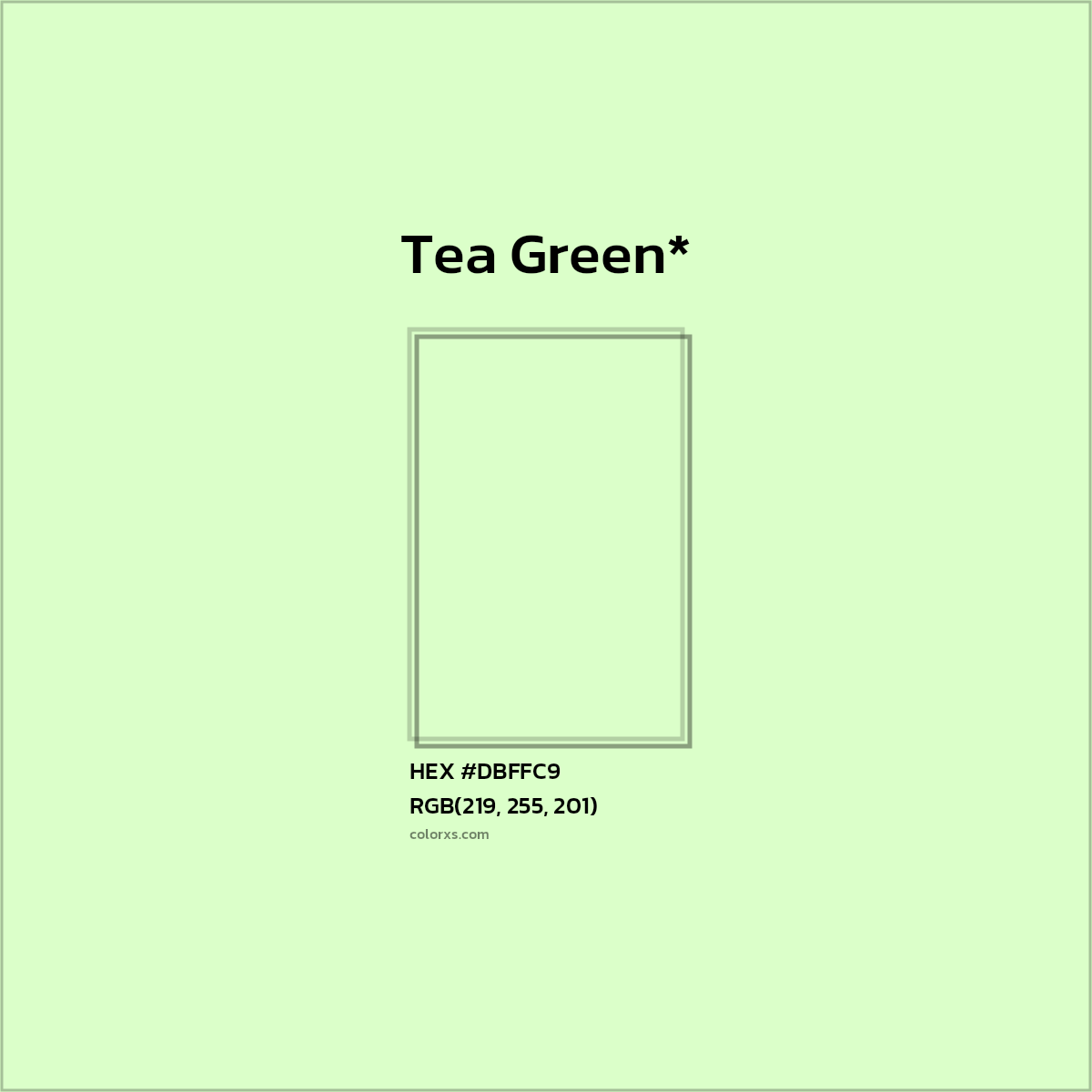 #DBFFC9 hex color. RGB, RYB, CMYK, HSL, HSV codes and color conversions. Matching color names, palettes, paints.