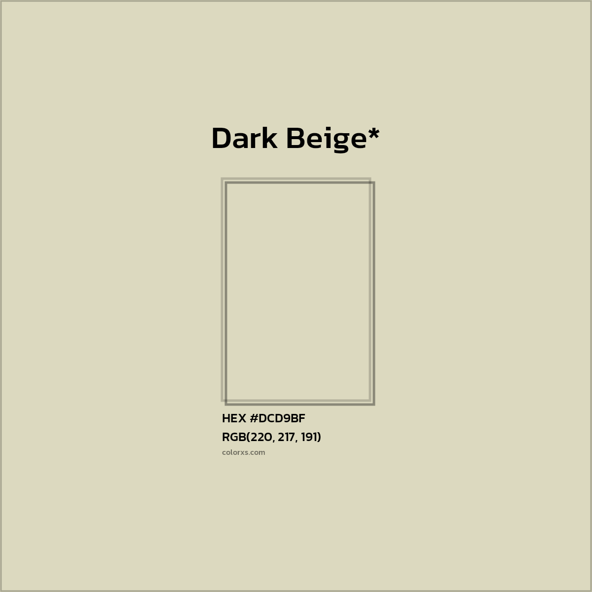 #DCD9BF hex color. RGB, RYB, CMYK, HSL, HSV codes and color conversions. Matching color names, palettes, paints.