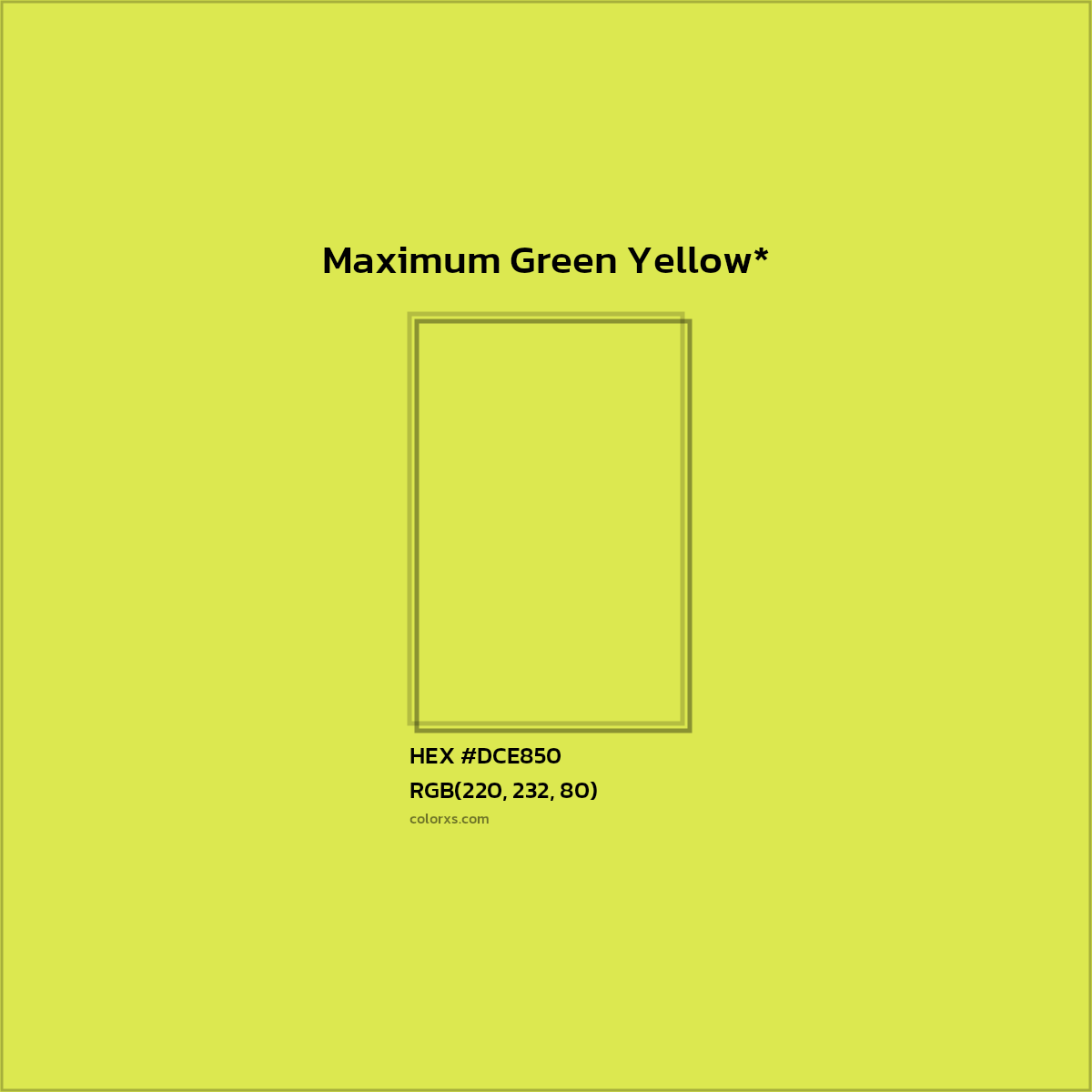 #DCE850 hex color. RGB, RYB, CMYK, HSL, HSV codes and color conversions. Matching color names, palettes, paints.
