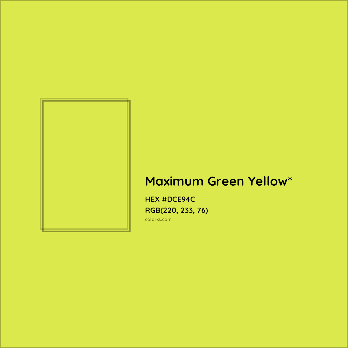 #DCE94C hex color. RGB, RYB, CMYK, HSL, HSV codes and color conversions. Matching color names, palettes, paints.