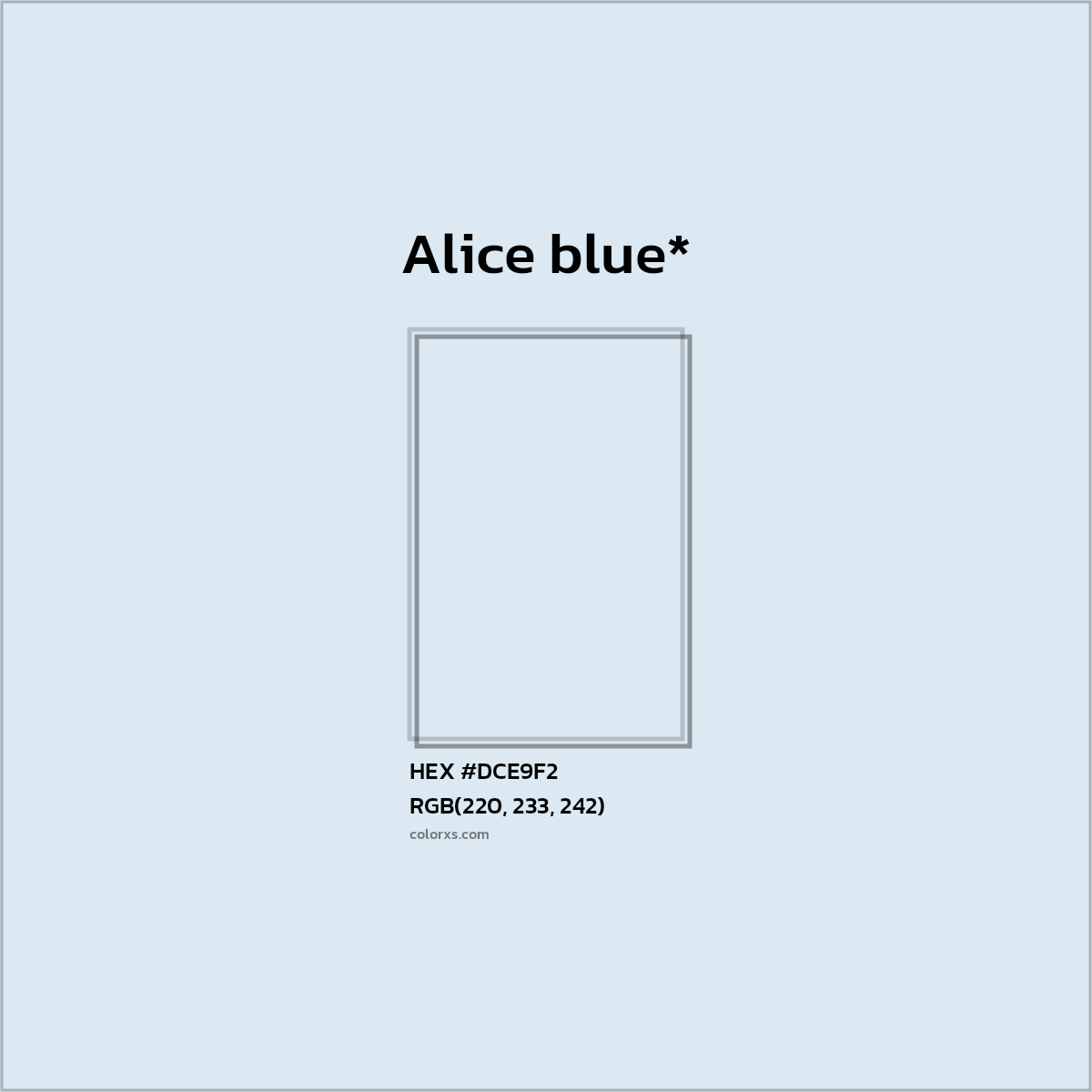 #DCE9F2 hex color. RGB, RYB, CMYK, HSL, HSV codes and color conversions. Matching color names, palettes, paints.