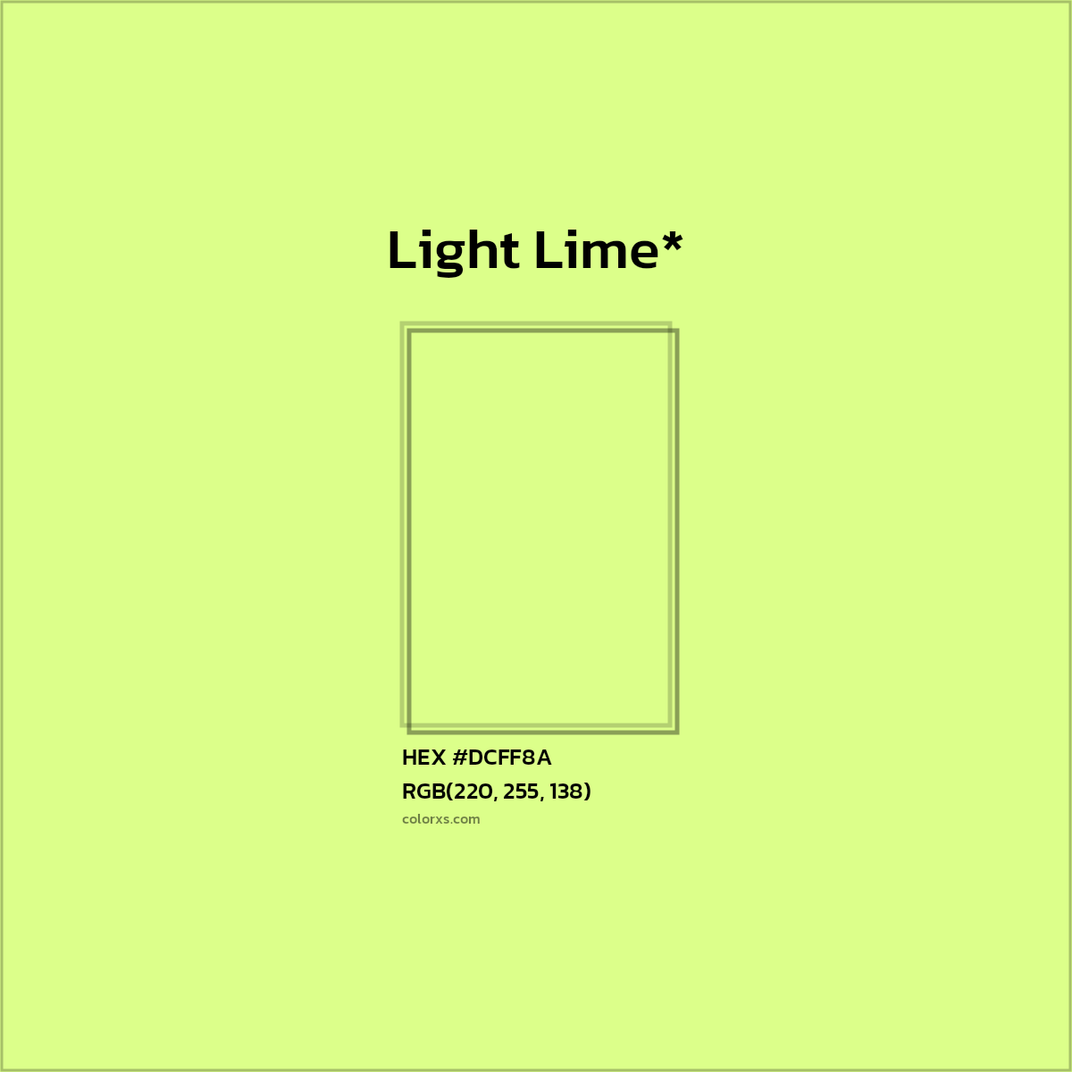 #DCFF8A hex color. RGB, RYB, CMYK, HSL, HSV codes and color conversions. Matching color names, palettes, paints.