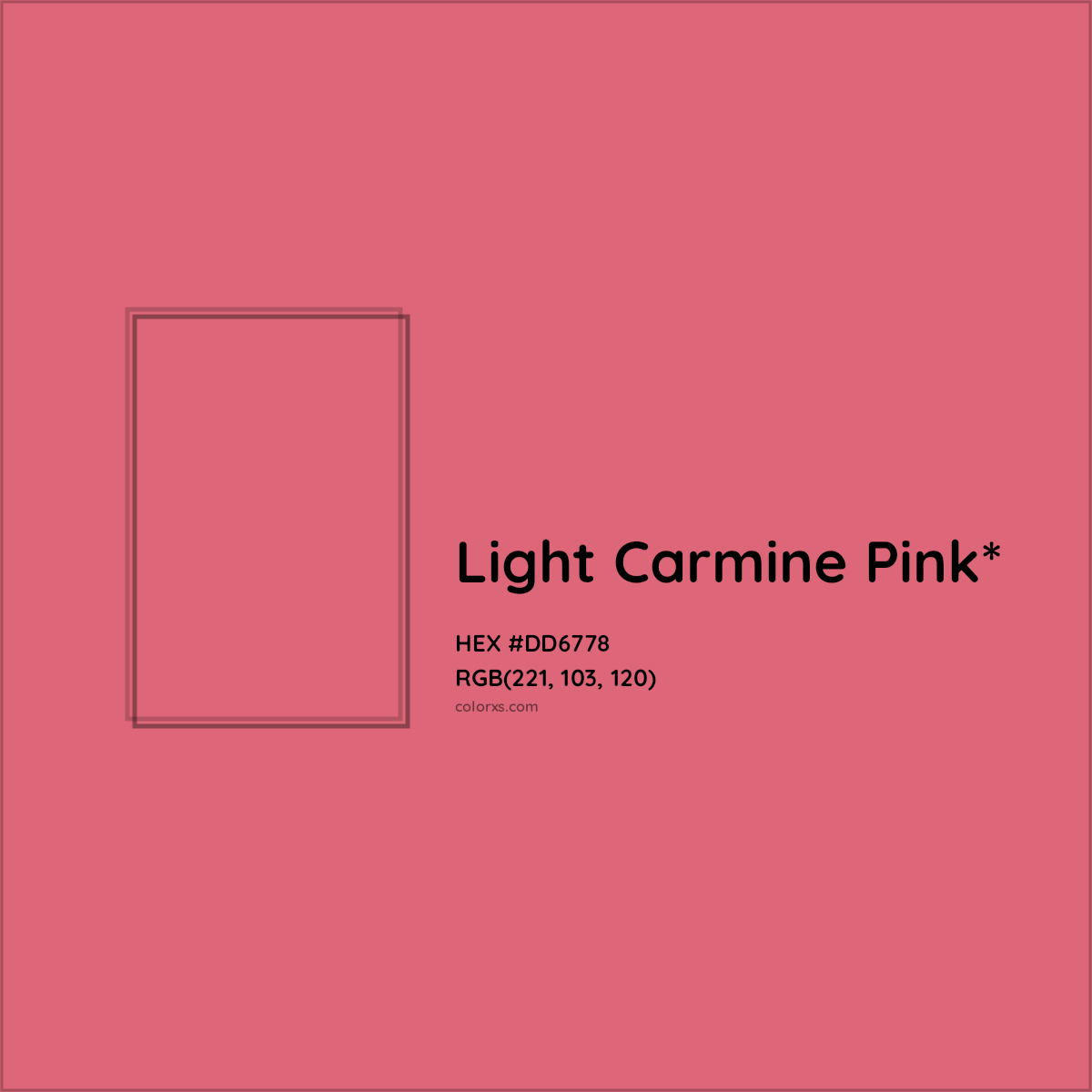 #DD6778 hex color. RGB, RYB, CMYK, HSL, HSV codes and color conversions. Matching color names, palettes, paints.