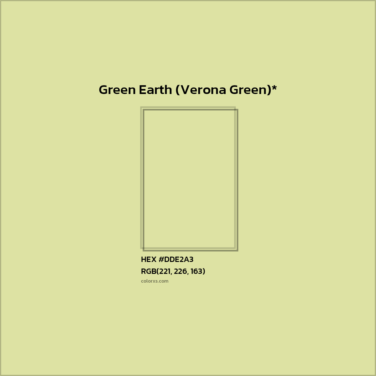 #DDE2A3 hex color. RGB, RYB, CMYK, HSL, HSV codes and color conversions. Matching color names, palettes, paints.
