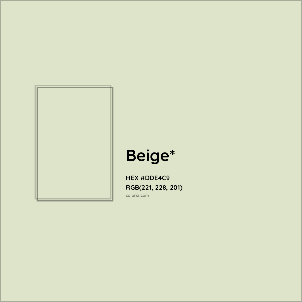 #DDE4C9 hex color. RGB, RYB, CMYK, HSL, HSV codes and color conversions. Matching color names, palettes, paints.