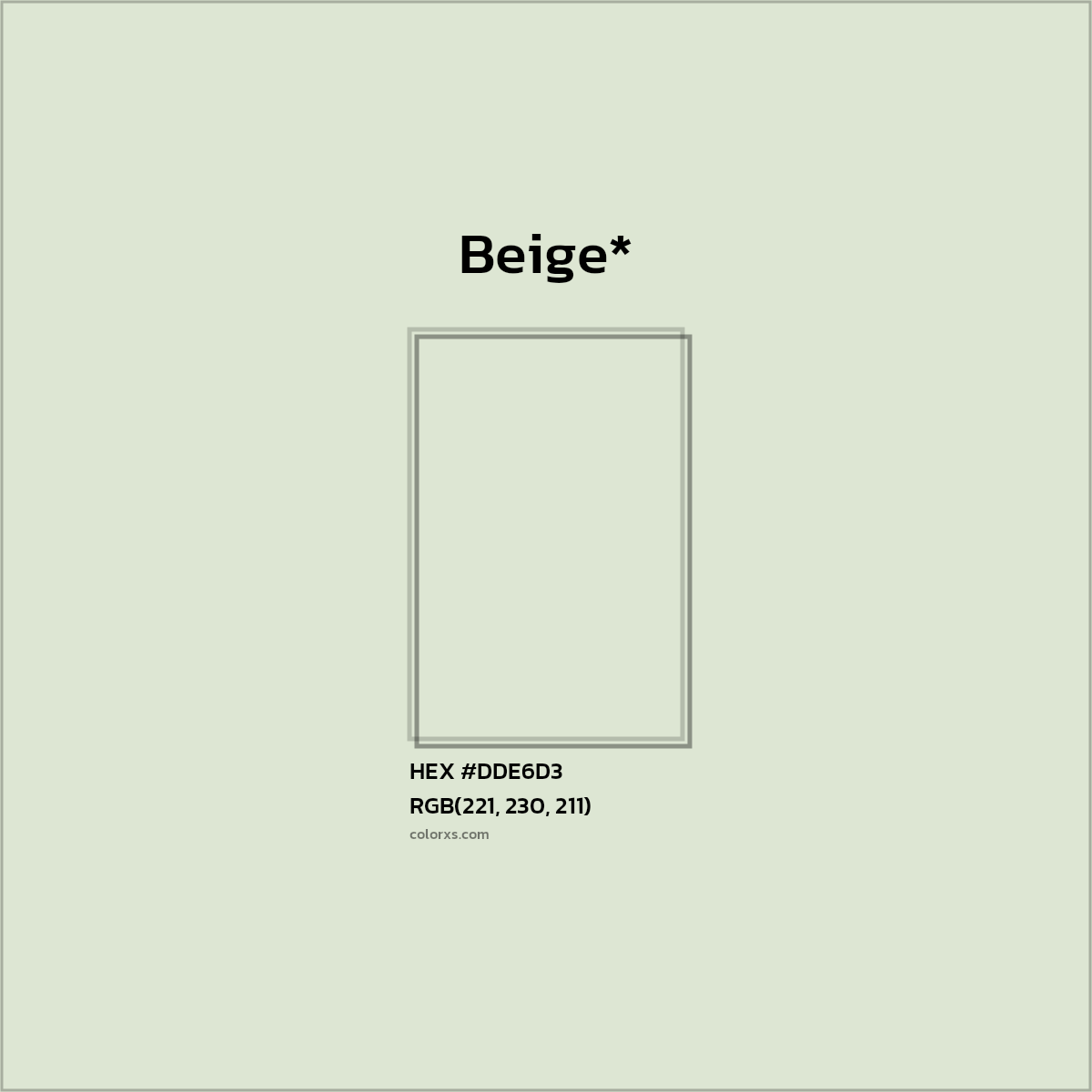 #DDE6D3 hex color. RGB, RYB, CMYK, HSL, HSV codes and color conversions. Matching color names, palettes, paints.