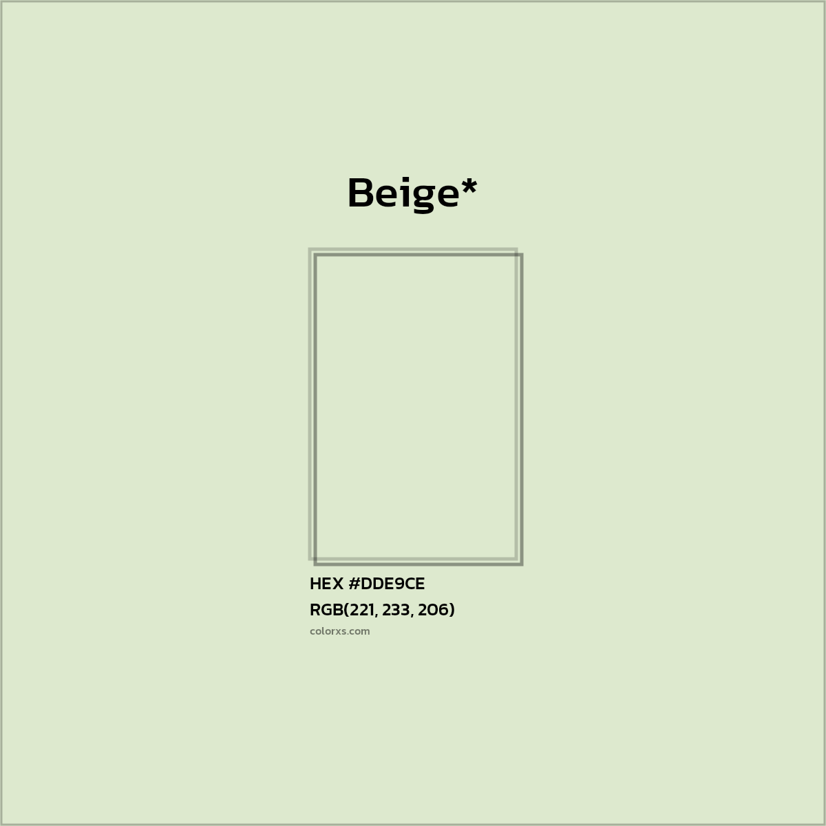 #DDE9CE hex color. RGB, RYB, CMYK, HSL, HSV codes and color conversions. Matching color names, palettes, paints.
