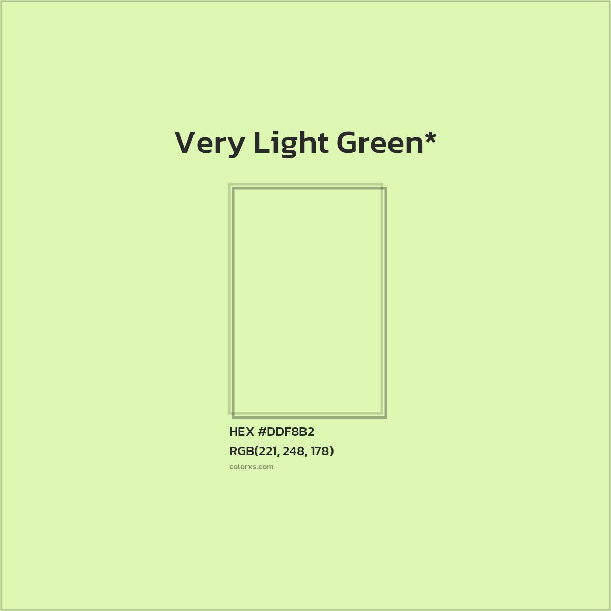 #DDF8B2 hex color. RGB, RYB, CMYK, HSL, HSV codes and color conversions. Matching color names, palettes, paints.