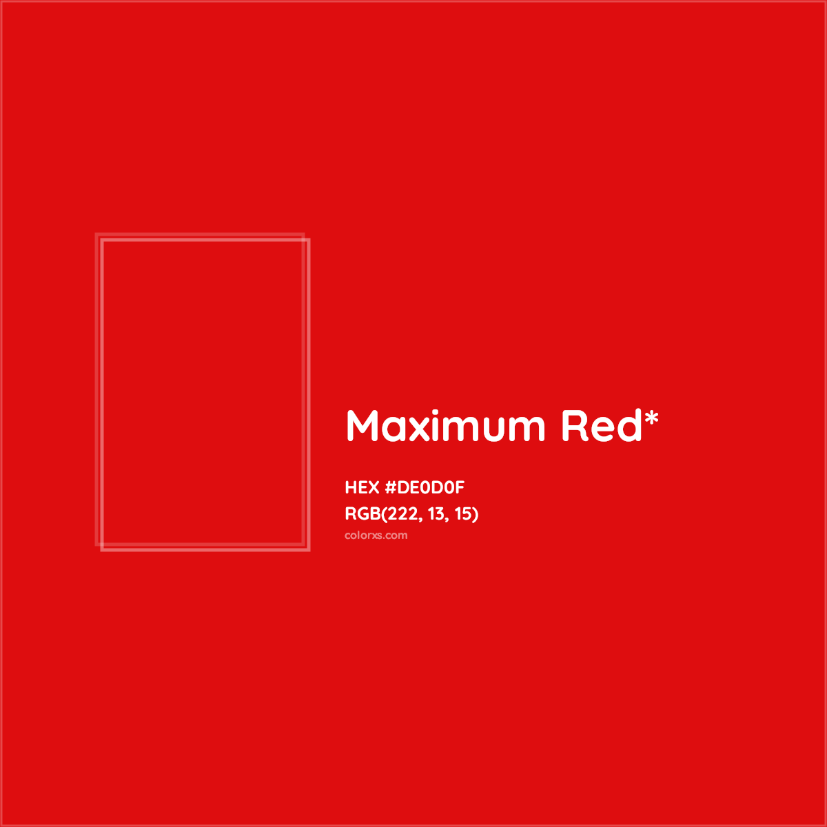 #DE0D0F hex color. RGB, RYB, CMYK, HSL, HSV codes and color conversions. Matching color names, palettes, paints.