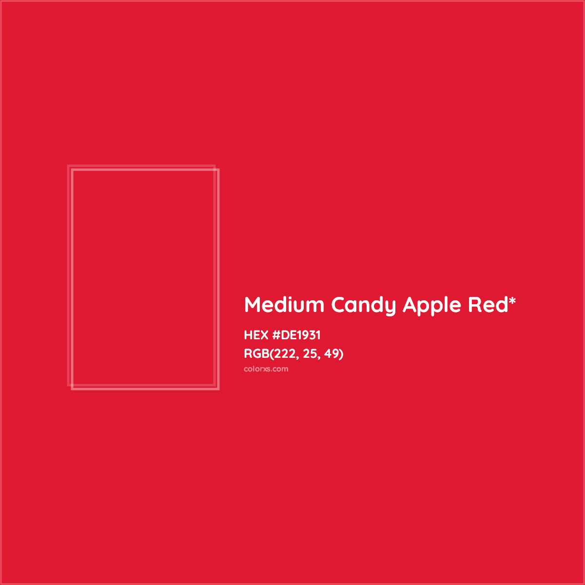 #DE1931 hex color. RGB, RYB, CMYK, HSL, HSV codes and color conversions. Matching color names, palettes, paints.