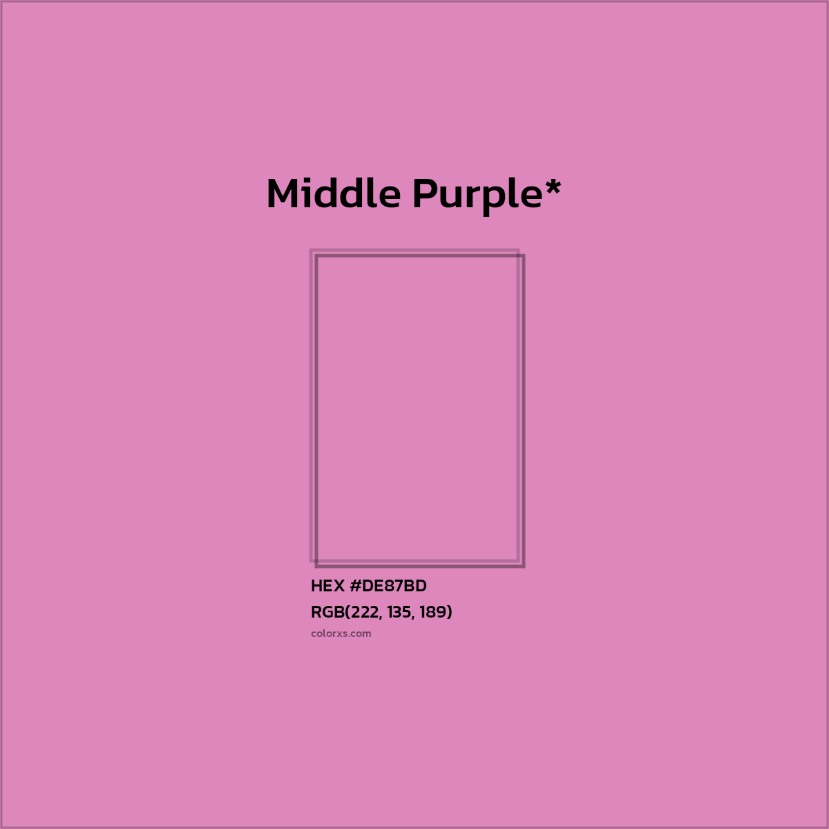 #DE87BD hex color. RGB, RYB, CMYK, HSL, HSV codes and color conversions. Matching color names, palettes, paints.