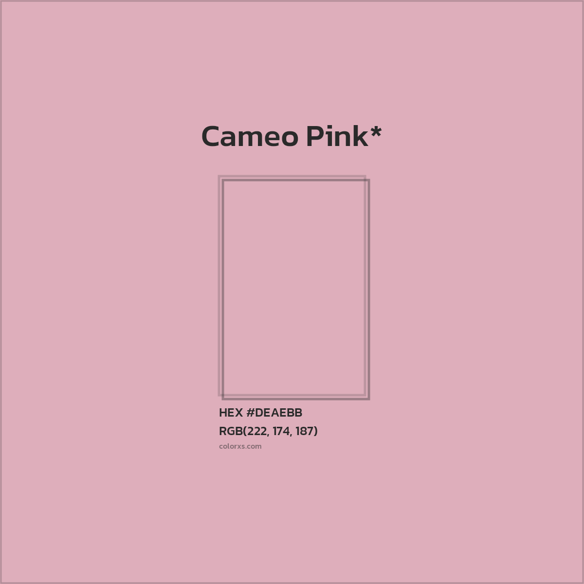 #DEAEBB hex color. RGB, RYB, CMYK, HSL, HSV codes and color conversions. Matching color names, palettes, paints.