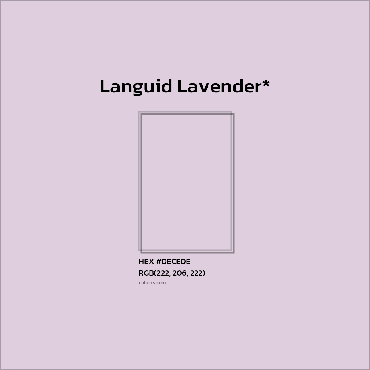 #DECEDE hex color. RGB, RYB, CMYK, HSL, HSV codes and color conversions. Matching color names, palettes, paints.