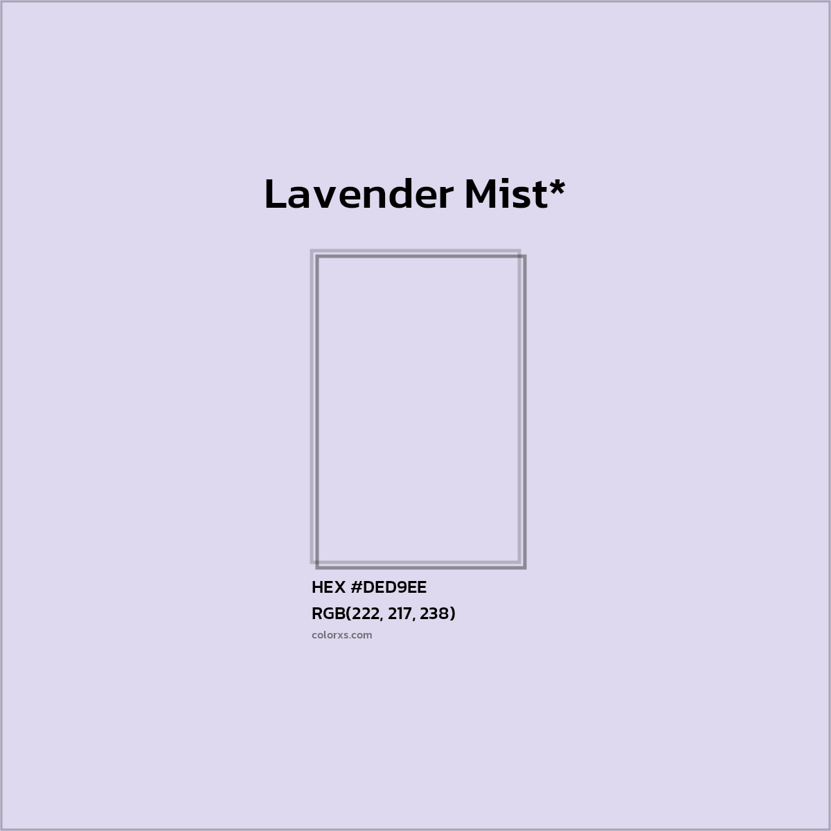 #DED9EE hex color. RGB, RYB, CMYK, HSL, HSV codes and color conversions. Matching color names, palettes, paints.