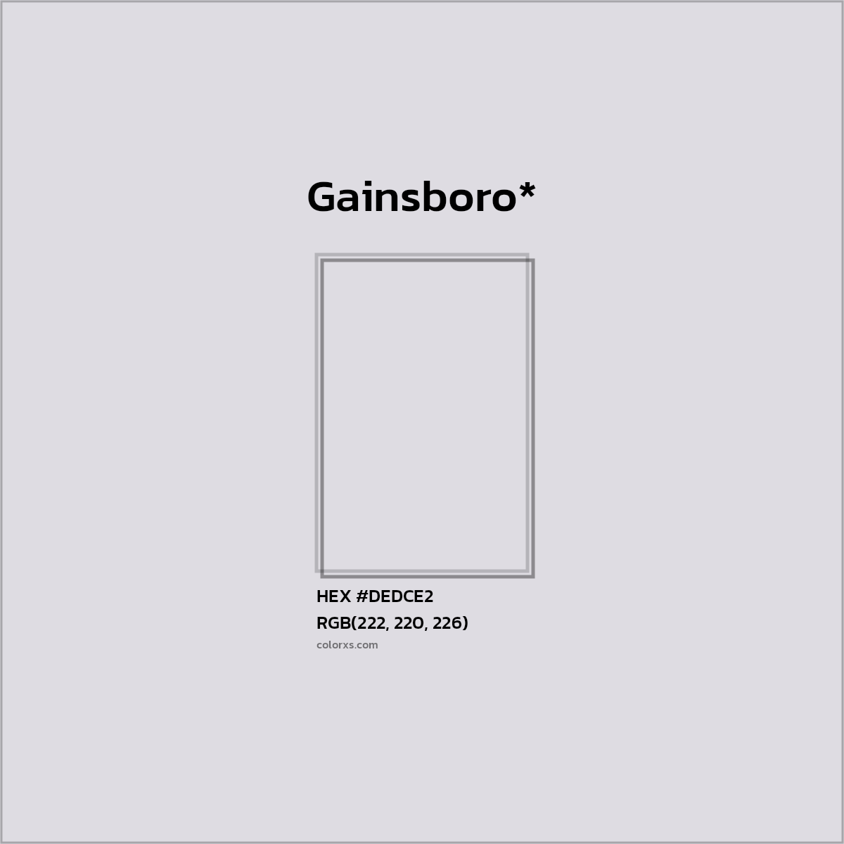 #DEDCE2 hex color. RGB, RYB, CMYK, HSL, HSV codes and color conversions. Matching color names, palettes, paints.
